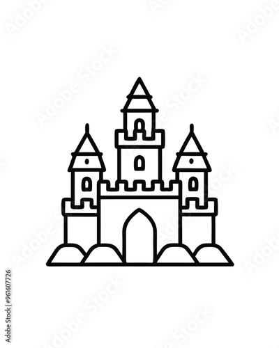 Editable stroke vector illustration of a snow castle with tower, perfect for winter-themed designs.