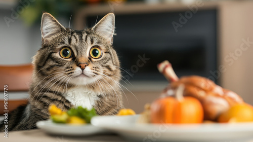 A fluffy tabby cat sitting on a Thanksgiving dinner table, curiously eyeing a turkey centerpiece, Thanksgiving feast with a feline twist, Cozy holiday gathering