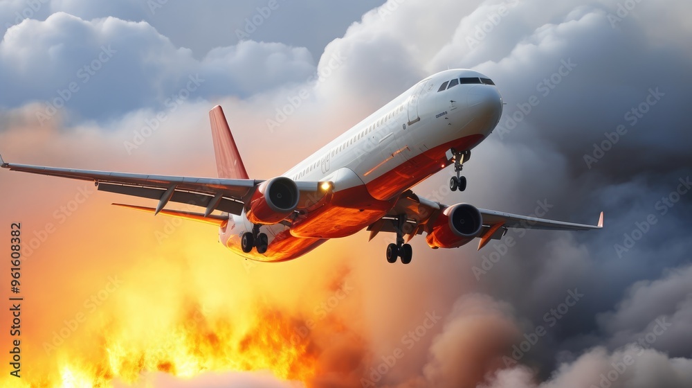 A white and red airplane flies through a dramatic sky filled with clouds and smoke.