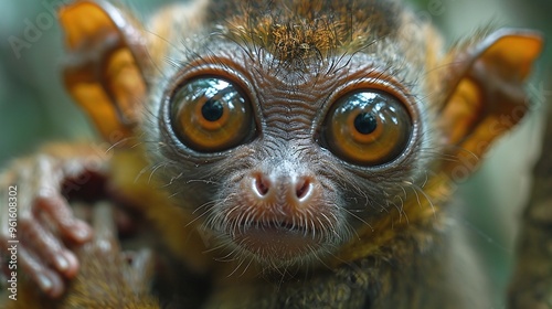 closeup of tarsier monkey tarsius syrichta in natural jungle habitat, small nocturnal primate in tropical forest environment, wild tarsier species in wildlife photo photo