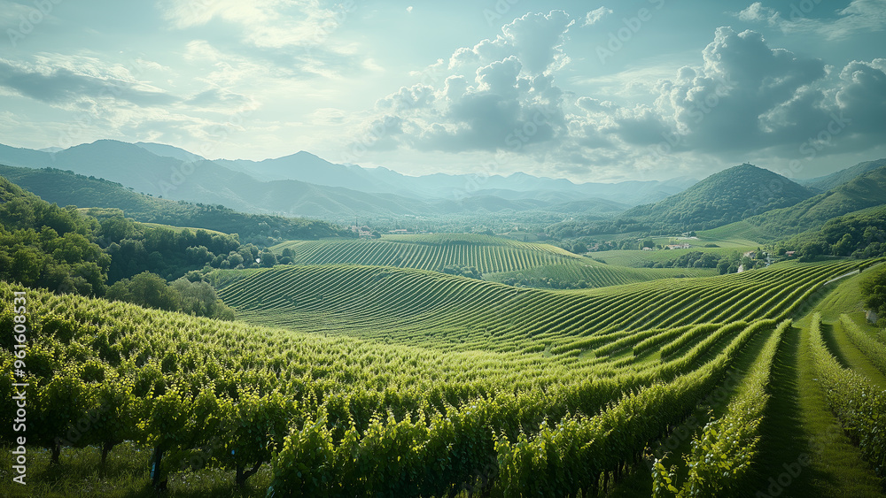 Naklejka premium Serene Vineyards: Romantic Haze with Distant Mountains