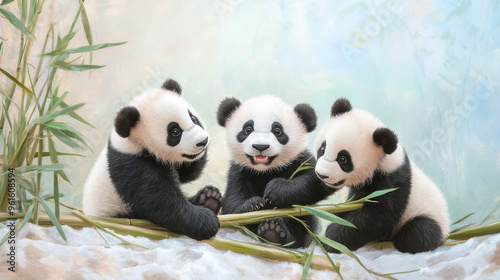 Adorable pandas playing with bamboo in their enclosure, surrounded by pastel hues.