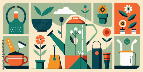 A colorful illustration featuring gardening tools and flowers