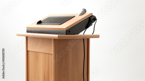 A wooden podium with a microphone and a keyboard on top. The podium is isolated on a white background. photo