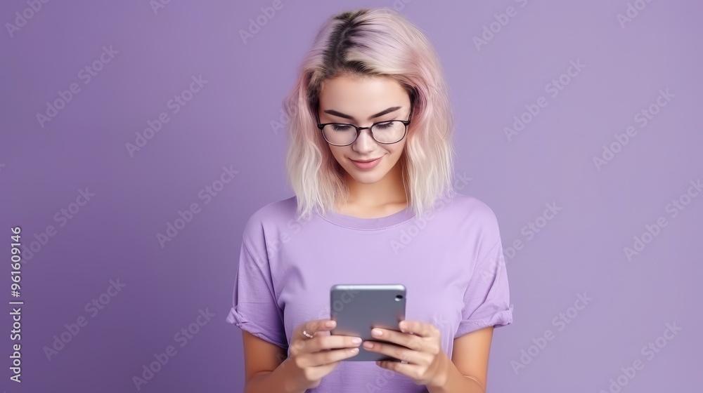 A young woman with pink hair and glasses smiles as she looks down at her phone. A young woman with pink hair and glasses smiles as she looks down at her phone.