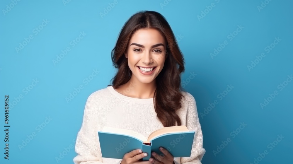 A young woman with long brown hair smiles brightly as she holds an open book in front of her. A young woman with long brown hair smiles brightly as she holds an open book in front of her.