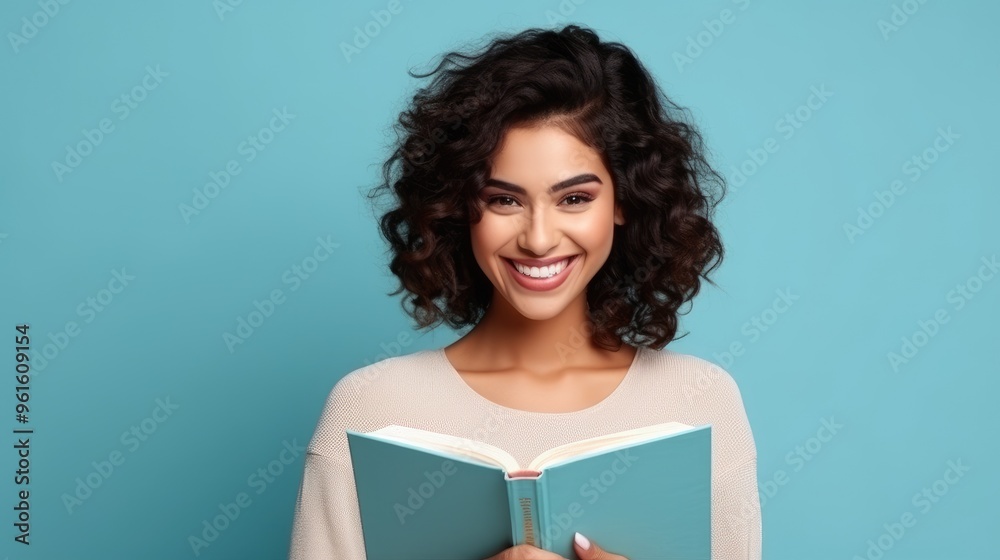 Fototapeta premium A young woman with curly hair smiles brightly as she holds an open book in front of her.