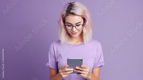 A young woman with pink hair and glasses smiles as she looks down at her phone.