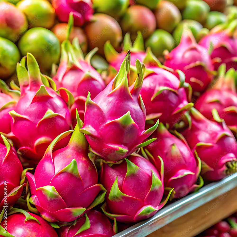 Close-up of some dragon fruit on display on a tray in a supermarket Close-up of some dragon fruit on display on a tray in a supermarket