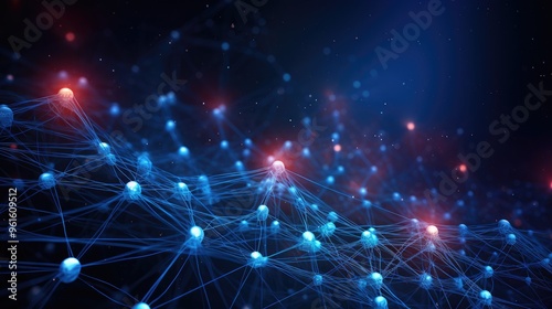 Abstract blue and red glowing network of connected spheres. This image represents the interconnectedness of the world and the power of technology.