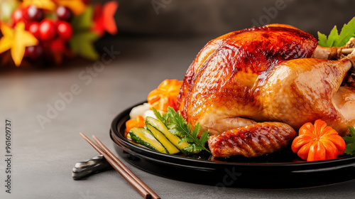 Thanksgiving turkey served on Japanese lacquerware, with a side of pickled vegetables 