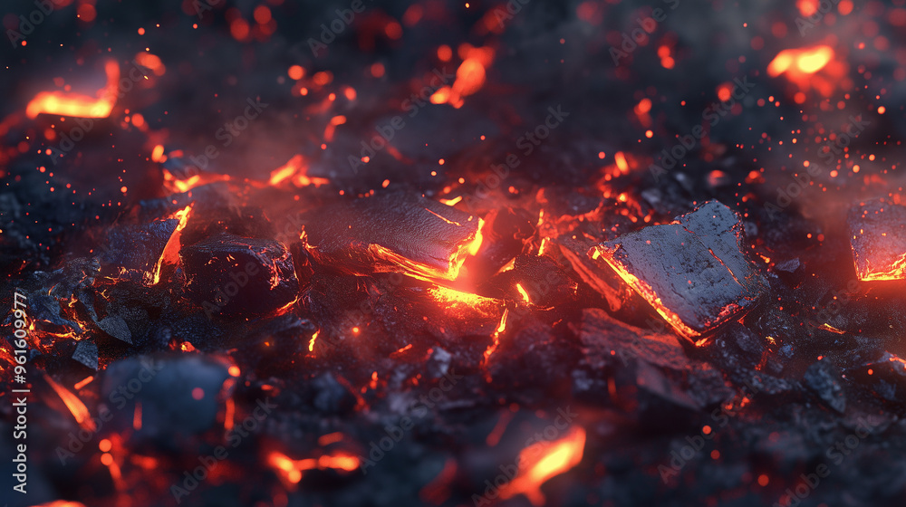 Glowing Hot Coals and Embers in a Dark Ashy Fire Pit