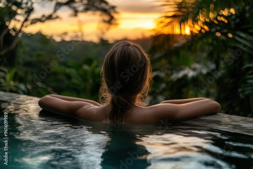 Women relaxing in an infinity pool surrounded by lush greenery