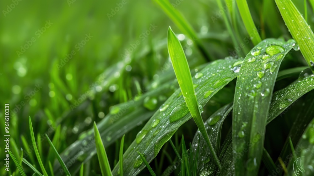Dew drops sparkle on vibrant green blades of grass in a garden, reflecting the early morning sunlight after a recent rain shower, creating a picturesque natural setting Dew drops sparkle on vibrant green blades of grass in a garden, reflecting the early morning sunlight after a recent rain shower, creating a picturesque natural setting