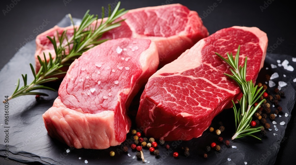 Three raw beef steaks on a black slate board with rosemary sprigs, peppercorns, and salt. The steaks are marbled and juicy, ready for grilling. Three raw beef steaks on a black slate board with rosemary sprigs, peppercorns, and salt. The steaks are marbled and juicy, ready for grilling.
