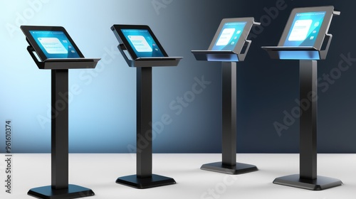 Three sleek, modern tablet stands with a minimalist design, perfect for showcasing digital content or displaying information in a professional setting