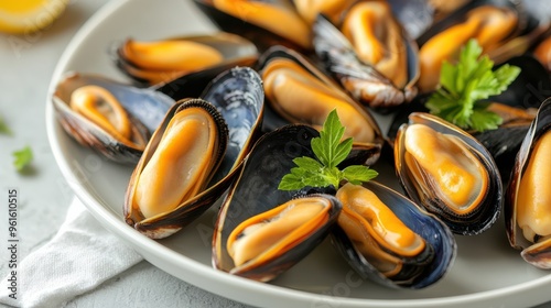 Fresh mussels served on a white plate.