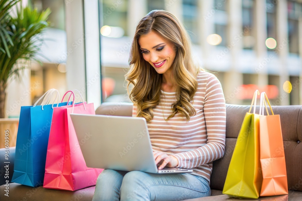 Young woman shopping online on laptop in modern urban mall lounge Young woman shopping online on laptop in modern urban mall lounge