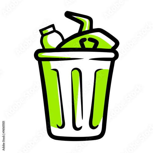 House cleaning icon of a rubbish bin filled with green waste items
