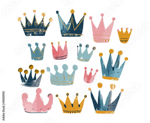 Set of colorful hand drawn crowns for king or queen. Doodle style crowns collection. Vector illustration isolated on white background.