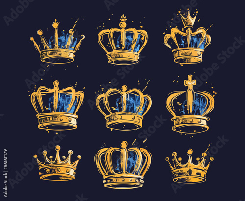 Set of hand drawn golden crowns with blue gems on a dark blue background. Royal king or queen headdress. Monarch luxury symbol. Vector illustration.