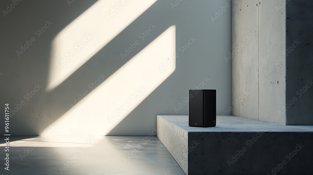 A minimalist concrete room with a black speaker and a beam of sunlight, creating a serene and modern ambiance. A minimalist concrete room with a black speaker and a beam of sunlight, creating a serene and modern ambiance.