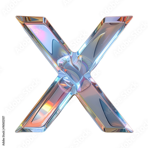 A glossy, three-dimensional letter 'X' with a shiny surface and vibrant reflections, ideal for modern design projects.
