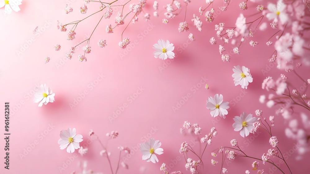 Top view of small white gypsophila flowers over pastel pink background Top view of small white gypsophila flowers over pastel pink background