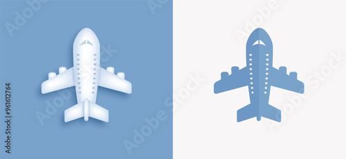 Set of creative plane icon isolated on white and blue background. Top view realistic 3d and flat airplane symbol. Travel flight pictogram design template. Vector illustration