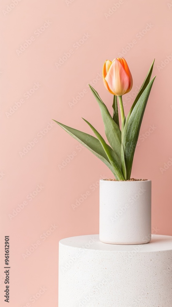 A tulip displayed on a desert podium next to a tall cactus. A tulip displayed on a desert podium next to a tall cactus.