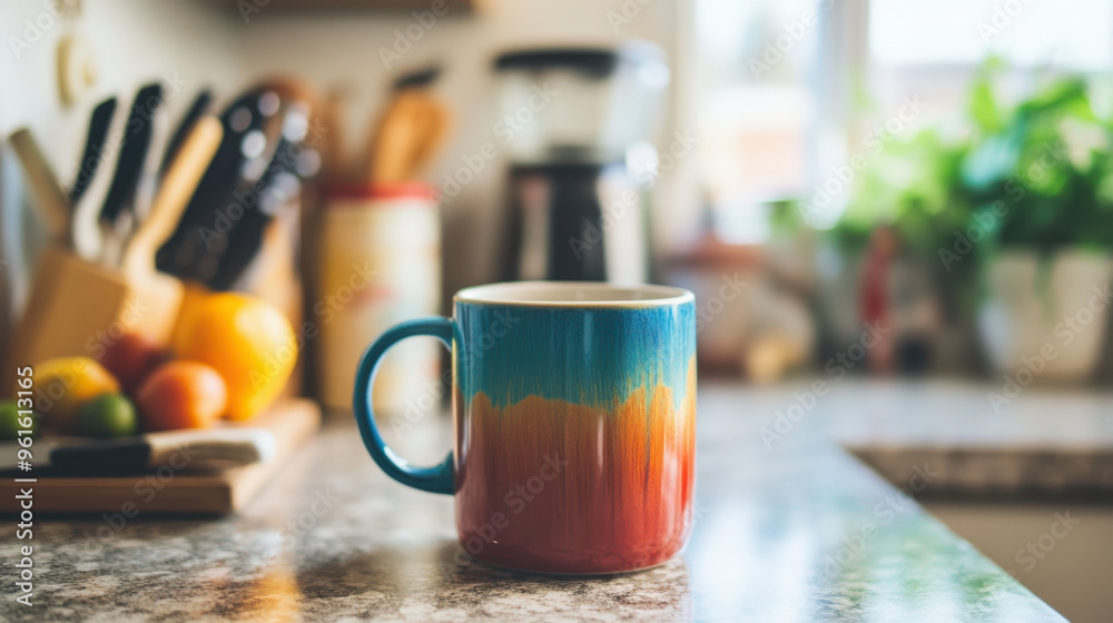 Coffee in a colorful ceramic mug, sitting on a kitchen counter with fresh ingredients around.