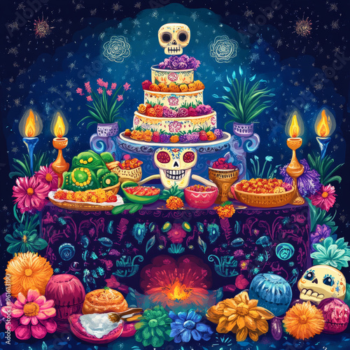 Day of the Dead altar with food offerings and flowers 