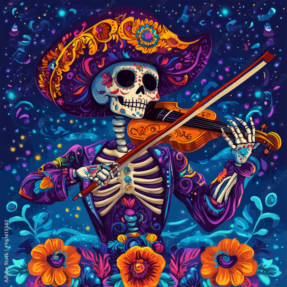 Violin-playing skeleton adorned with flowers for Dia de los Muertos
Violin-playing skeleton adorned with flowers for Dia de los Muertos