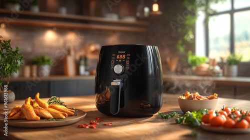 Modern black air fryer displaying its control panel sitting on a wooden table in a rustic style kitchen photo