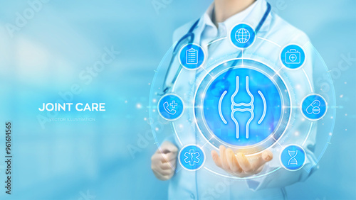 Joint health. Joint pain, inflammation, damage, arthritis treatment, physiotherapy. Doctor holding in hand Joint icon and medical icons network connection on virtual screen. Vector illustration.