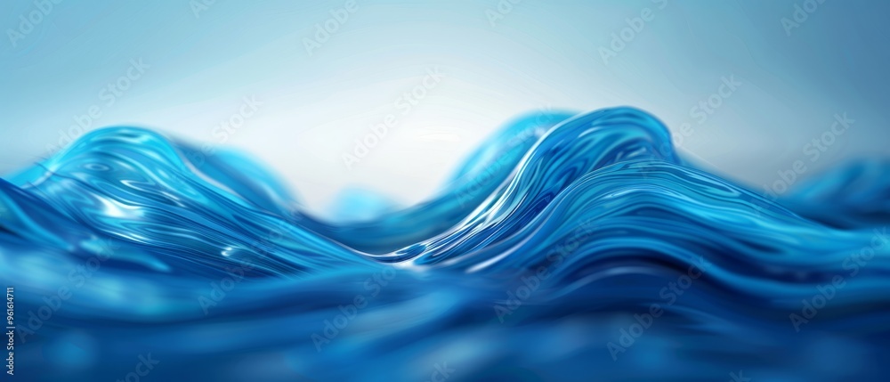 A blue wave is surrounded by a blue ocean, with a light blue sky visible in the background A blue wave is surrounded by a blue ocean, with a light blue sky visible in the background