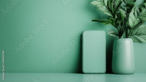 A minimalist setup featuring a turquoise green vase with leaves and a mobile power bank against a matching monochromatic background, representing modern and clean design.