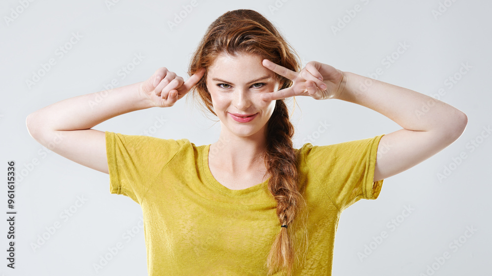Peace sign, smile and portrait of woman in studio with confidence, positive attitude and happy. Emoji, fashion and isolated person with hand gesture in trendy clothes and style on white background Peace sign, smile and portrait of woman in studio with confidence, positive attitude and happy. Emoji, fashion and isolated person with hand gesture in trendy clothes and style on white background