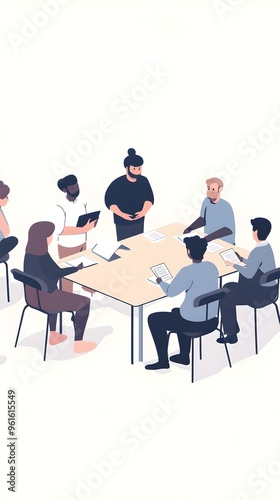 A group of employees gathered around a table during a training session, taking notes and discussing concepts, against a light solid color background