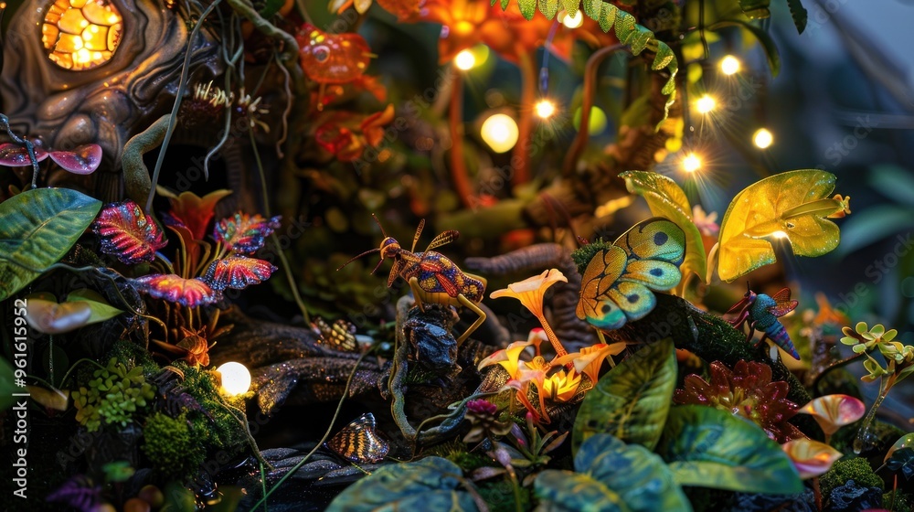 Naklejka premium Miniature jungle with glowing lights and insects.