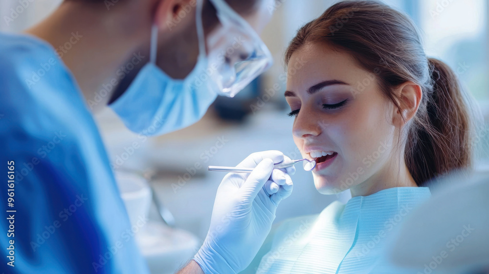 Dentist in the United States, performing a routine dental cleaning in a modern clinic. Dentist in the United States, performing a routine dental cleaning in a modern clinic.