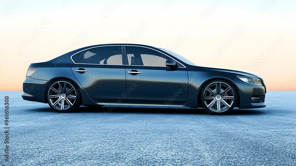 A sleek modern sedan parked on a smooth asphalt surface, showcasing its streamlined design against a light solid color background A sleek modern sedan parked on a smooth asphalt surface, showcasing its streamlined design against a light solid color background