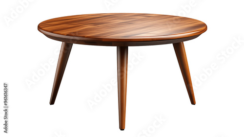 modern designer round wooden coffee table, studio view, isolated on transparent background.