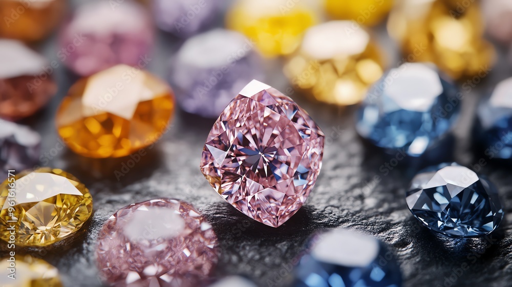 A stunning collection of colorful gemstones featuring pink, blue, yellow, and orange diamonds on a dark background. A stunning collection of colorful gemstones featuring pink, blue, yellow, and orange diamonds on a dark background.