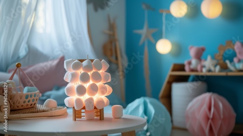 A warm, glowing lamp in a cozy nursery filled with pastel decor elements. The scene exudes warmth and comfort, with soft textures and child-friendly accents perfect for a peaceful space. photo