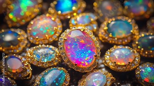 A stunning collection of opal gemstones showcasing vibrant colors and intricate details, perfect for jewelry and decorative uses.