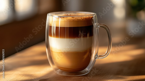 Double-walled glass mug with a layered latte, showcasing the different shades of coffee.