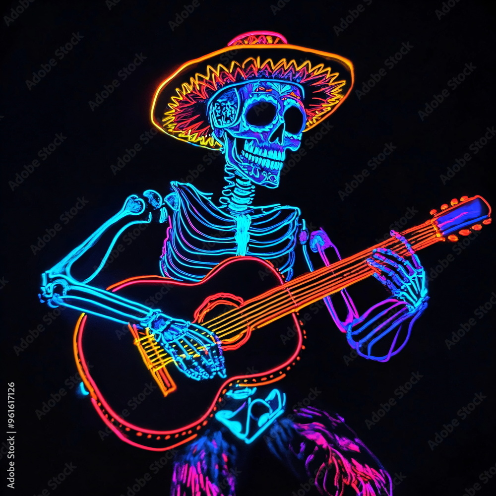 skeleton with a mexican sombrero plays guitar in glowing neon colors isolated on black background skeleton with a mexican sombrero plays guitar in glowing neon colors isolated on black background