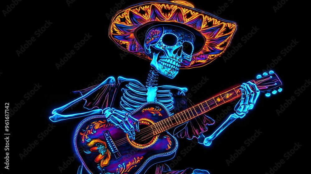 skeleton with a mexican sombrero plays guitar in glowing neon colors isolated on black background skeleton with a mexican sombrero plays guitar in glowing neon colors isolated on black background