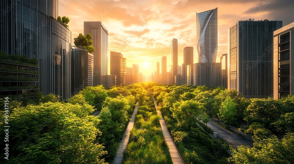 A stunning sunset over a vibrant cityscape, blending modern architecture and lush greenery, showcasing harmony between nature and urban life. A stunning sunset over a vibrant cityscape, blending modern architecture and lush greenery, showcasing harmony between nature and urban life.